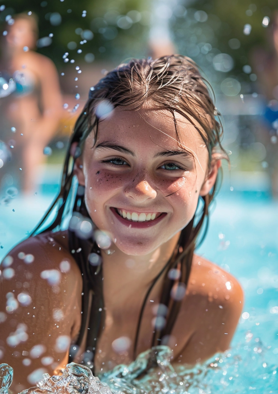 Fille souriante dans une piscine en été.